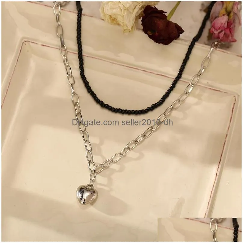 pendant necklaces unique black beads gold silver color heart stacking double layered chain for women collars collier jewelry