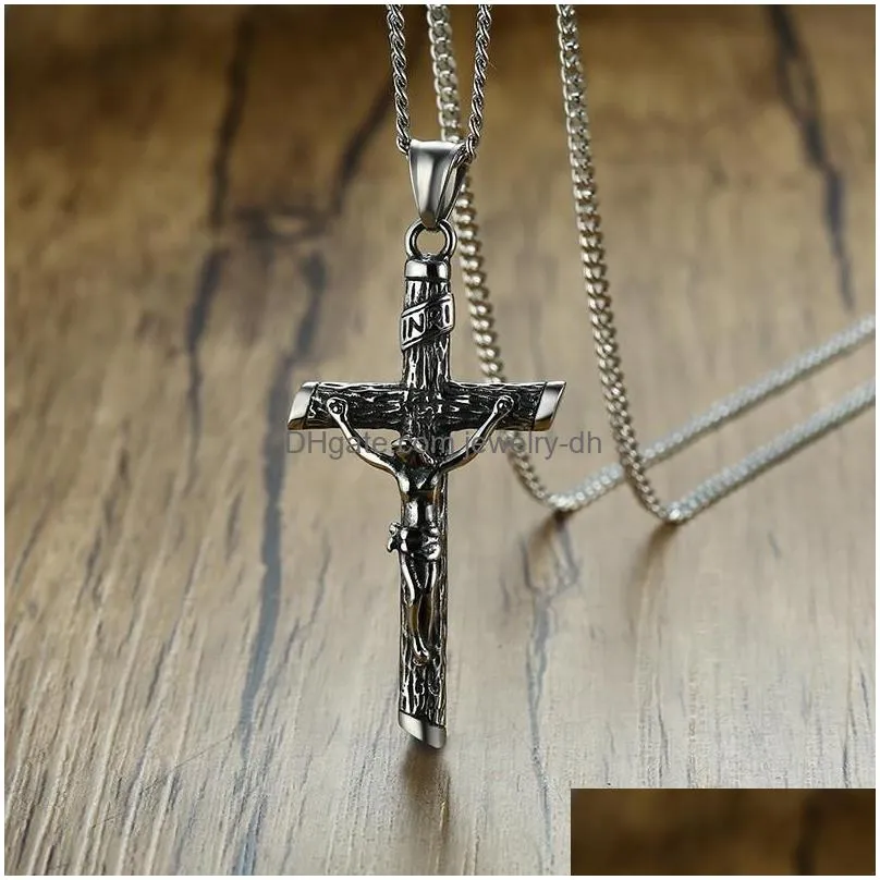 pendant necklaces ancient crucifix cross charms necklace stainless steel punk jewelry for men male jesus rosary christening