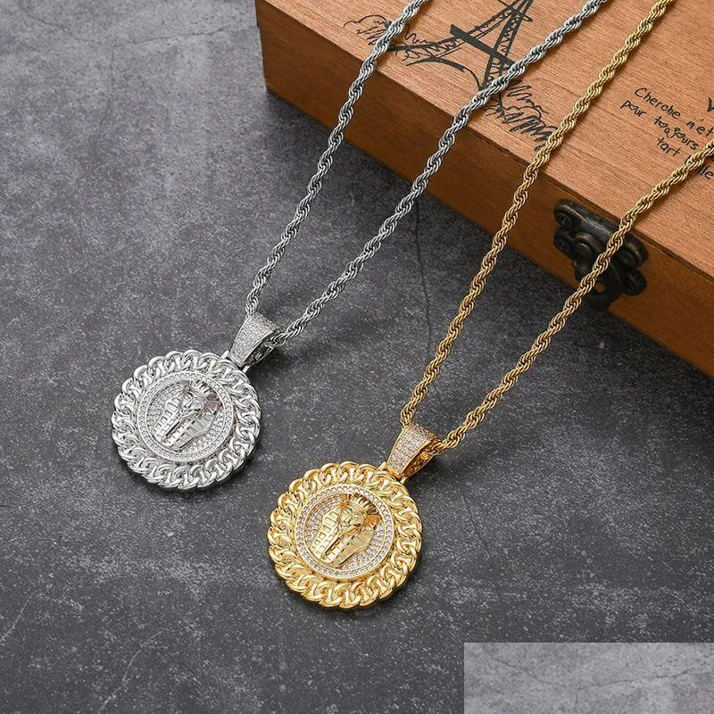 hip hop cz stone paved bling out egyptian pharaoh tutankhamun round pendants necklace for men rapper jewelry drop 