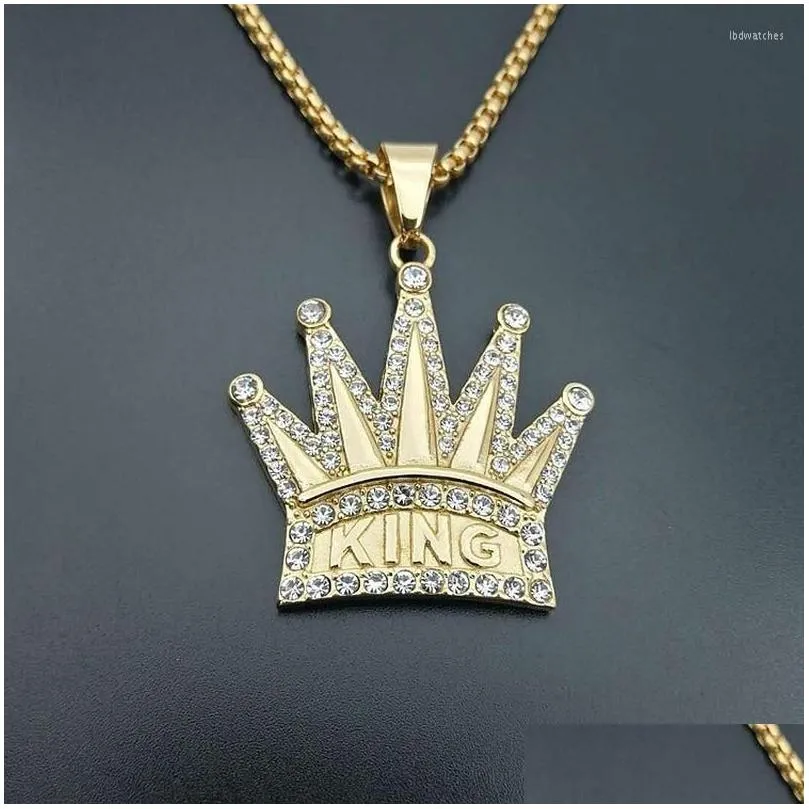 pendant necklaces trendy titanium steel necklace for mens gold plated rhinestones king crown hip hop jewelry gift