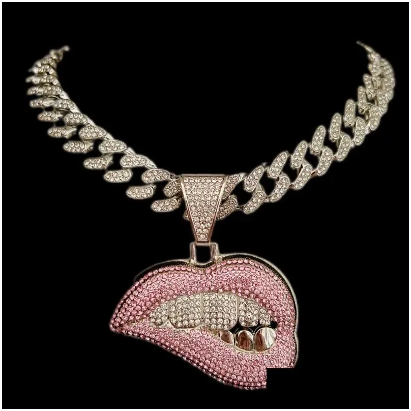 pendant necklaces rhinestone iced out  cuban link chain sexy biting lips necklace for mens chains hip hop jewelry on the