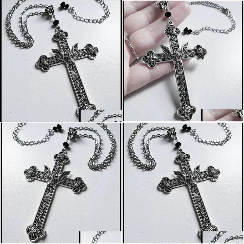 pendant necklaces goth punk bat cross necklace for men and women fashion trend street accessories cosplay props jewelry giftpendant