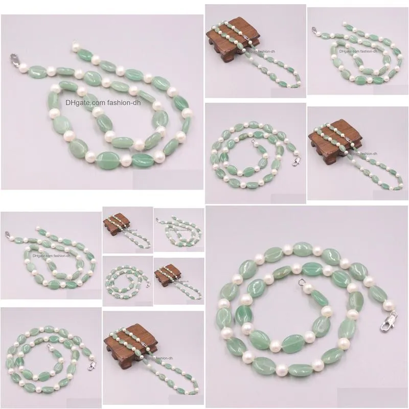 natural green jade 12mm oval flakes 9mm pearl beads link chain necklace for woman man 48cm chains