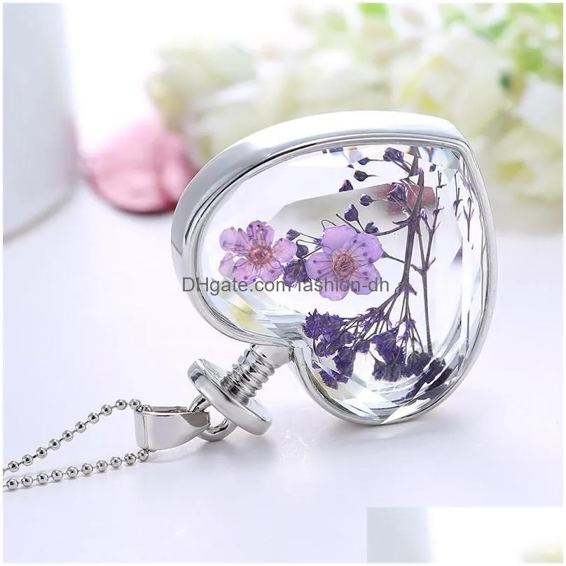 pendant necklaces 1pc creative pressed flower necklace heart shape charm beaded chain sweater jewelry accessories