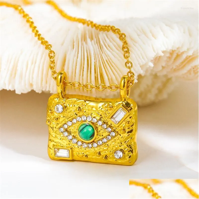 pendant necklaces aomu ins french gold color inlaid crystal green zircon stone eye square pendants for women wedding jewelry olho