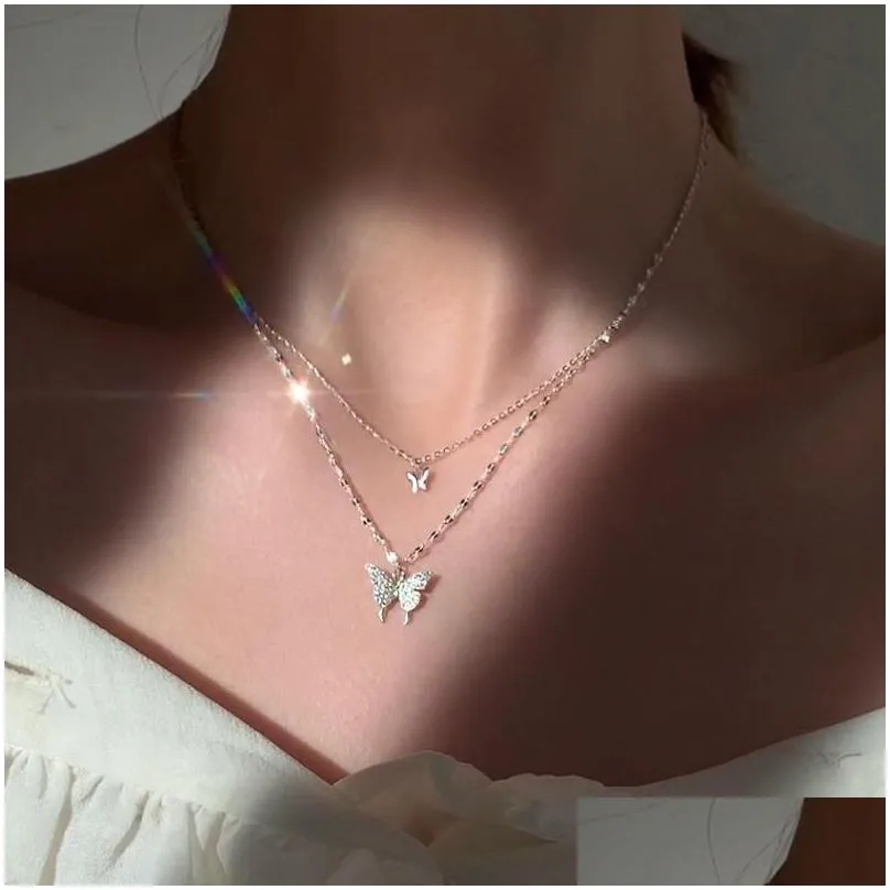 pendant necklaces shiny bling butterfly necklace choker women sweet double layer clavicle chain temperament jewelry accessoriespendant