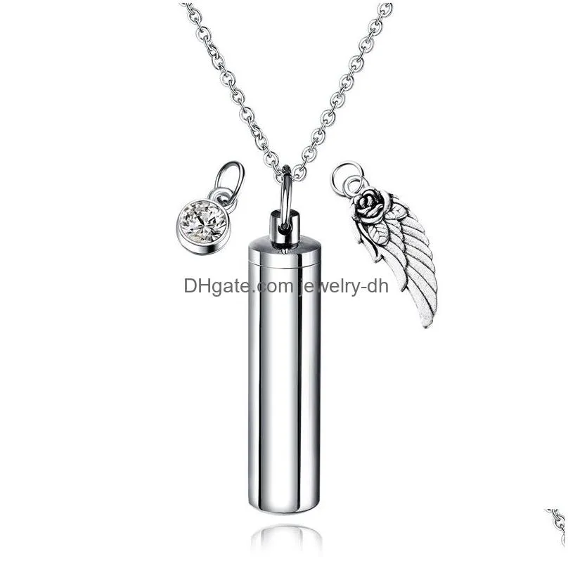 pendant necklaces cylinder secret message vial cremation ash urn necklace in stainless steel stash locket wing and crystal dangle