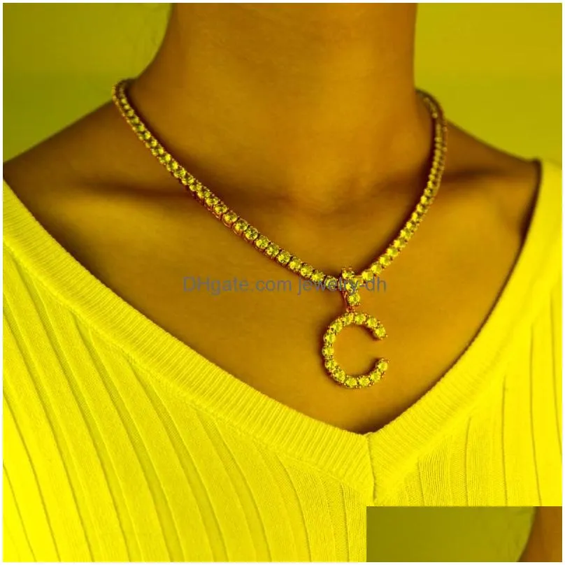 pendant necklaces fashion hip hop men women pink cz letter charm iced out cubic zirconia 5mm tennis chain jewelrypendant