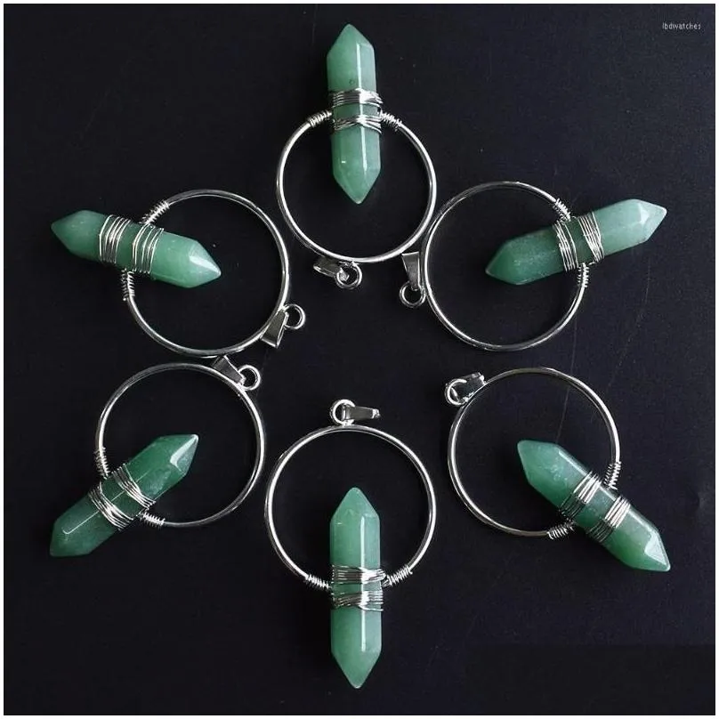 pendant necklaces natural stone healing pointed hexagonal column circle winding wire crystal women yoga jewelry 6pcs