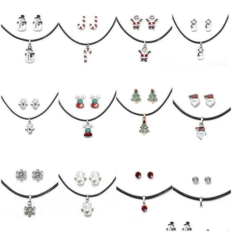 pendant necklaces christmas gift set earrings tree santa claus reindeer snowman walking stick snowflake pearl cartoon stud