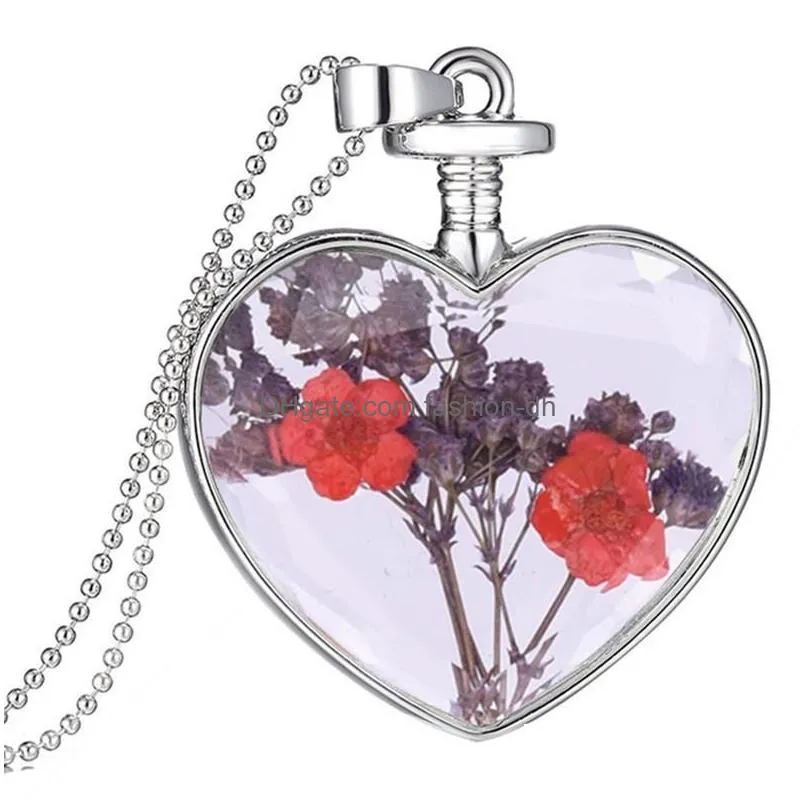 pendant necklaces 1pc creative pressed flower necklace heart shape charm beaded chain sweater jewelry accessories