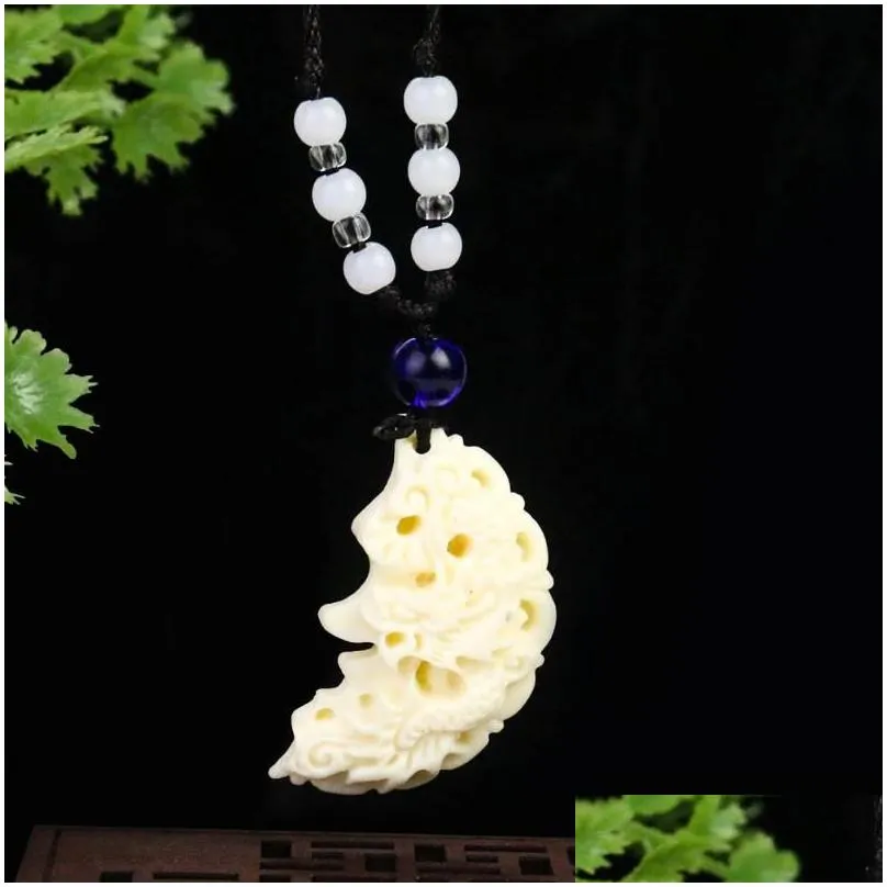 pendant necklaces 1set natural ivory nut cameo phoenix loong necklace phytelephas macrocarpa seed tagua couple lover wedding jewelry