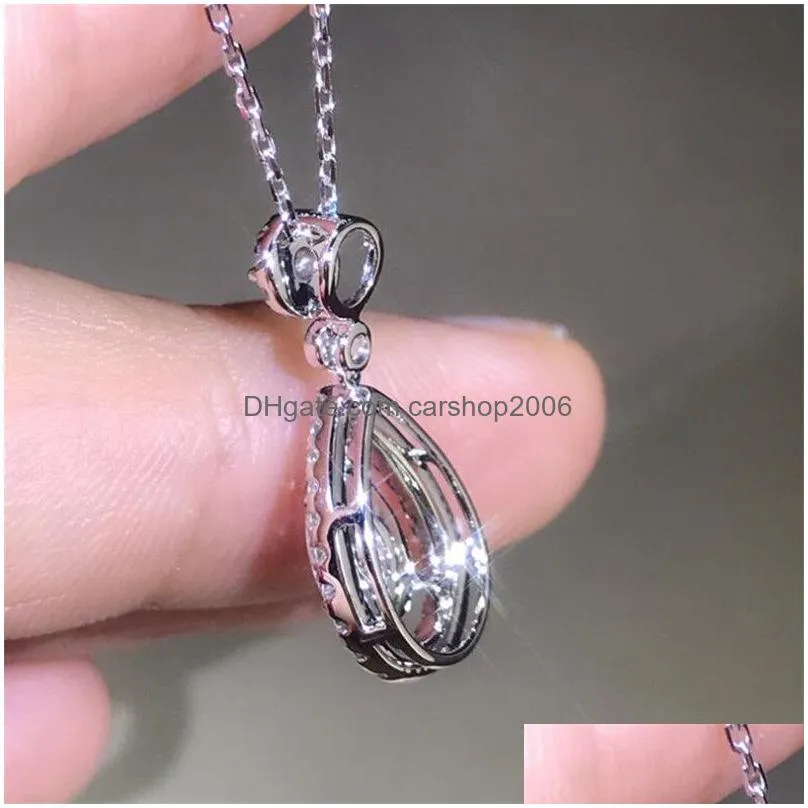 925 sterling silver rose gold fill drop water white topaz pear cz diamond women pendant chain necklace