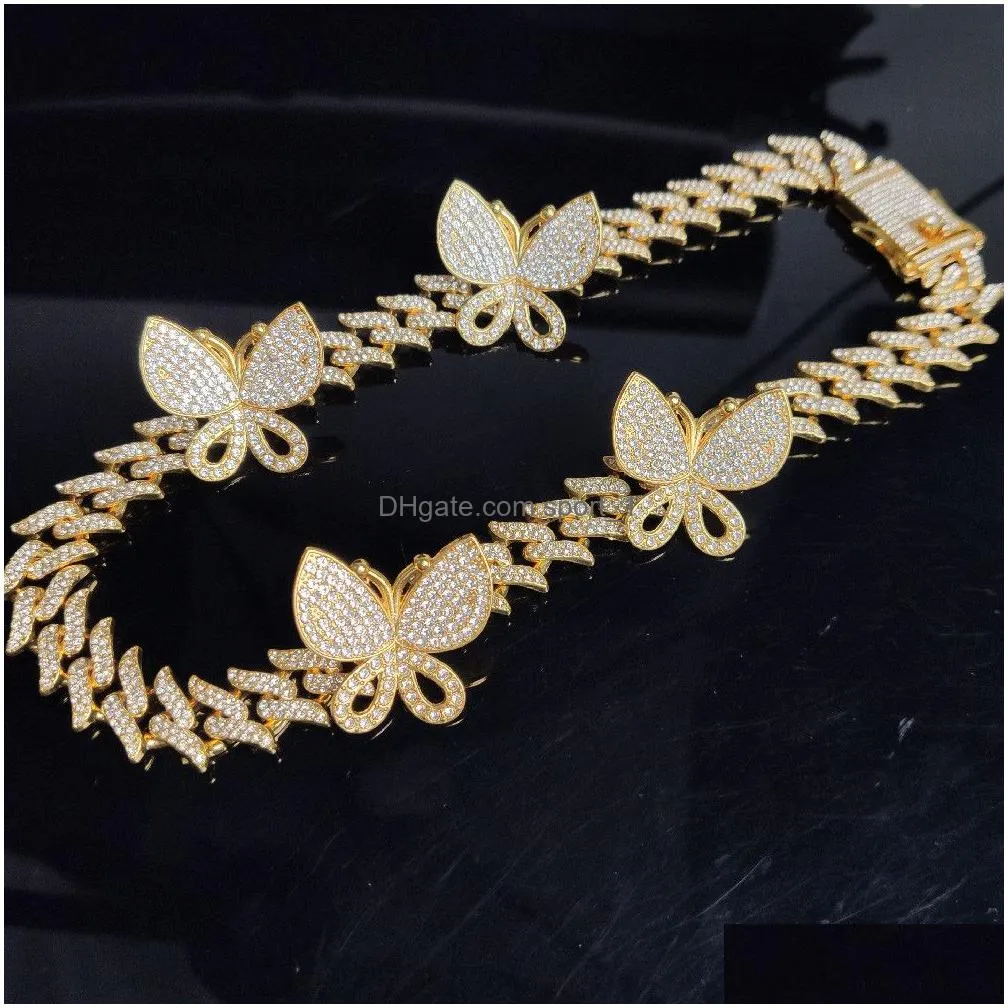 14mm thorny iced out diamond cuban link necklace chain gold silver pink butterfly necklaces hip hop jewelry