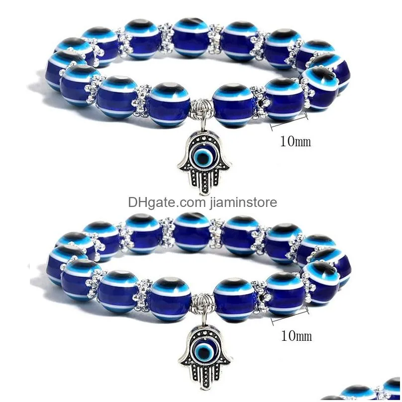 2pcs handmade elastic 6mm black agate kabbalah strands bracelet natural stone 8mm 10mm evil blue eye hamsa fatima hand charm couples bracelets lover