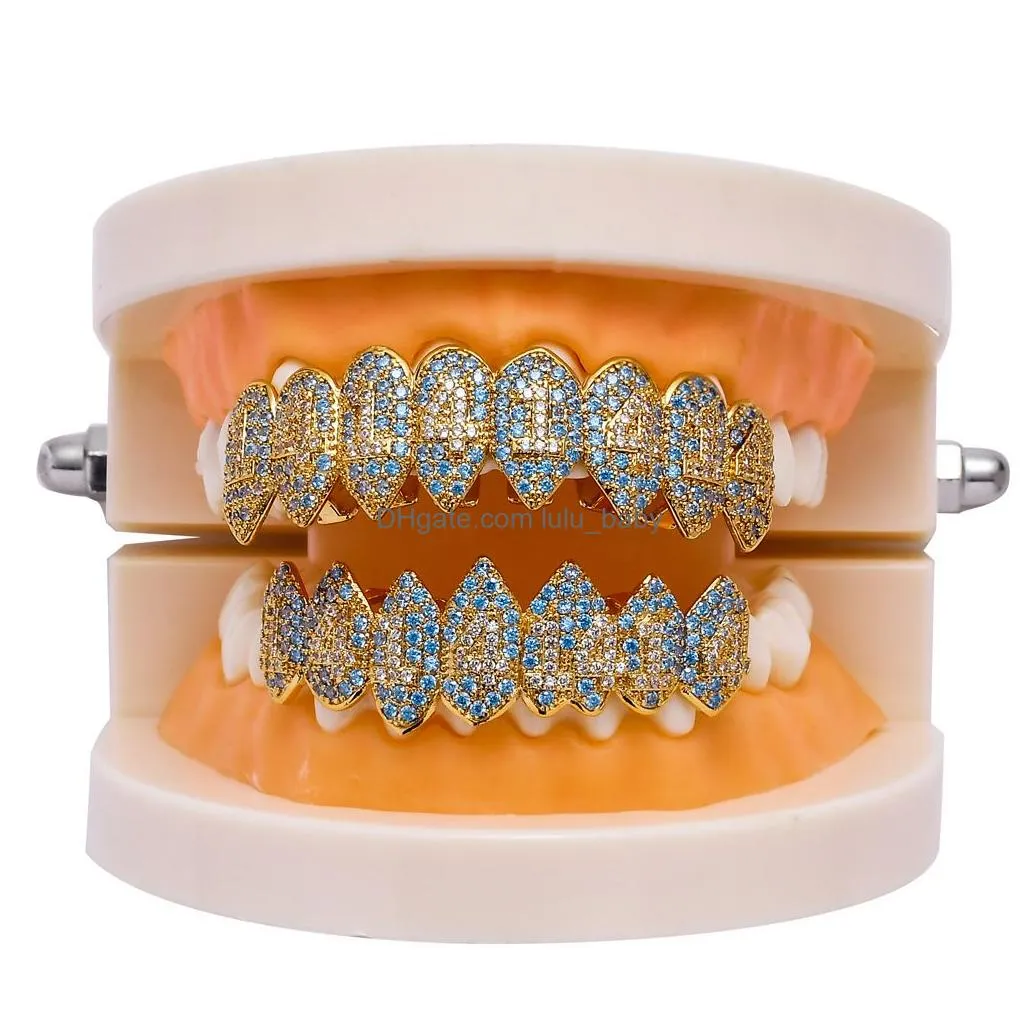 halloween iced out hip hop 1414 gold silver teeth grillz set bling aaa cubic zircon eight 8 top bottom vampire jewelry gifts