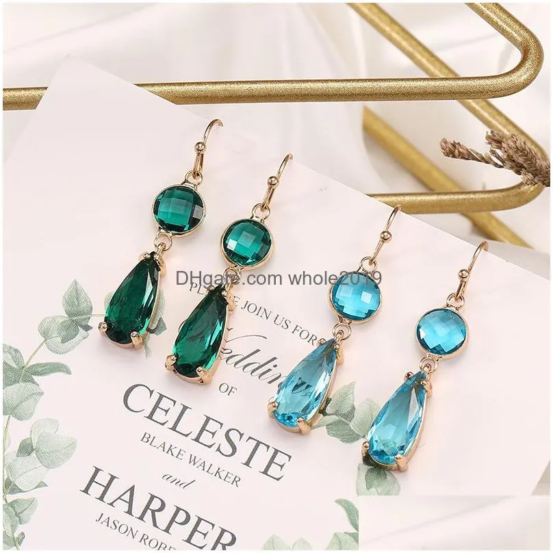 hot sell colorful k9 crystal pendant dangle earring for women unique design water drop geometric 18k gold hook earring fashion jewelry