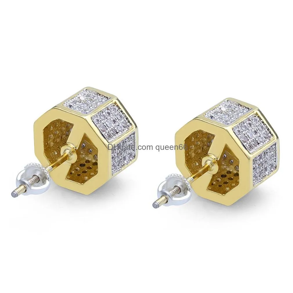 mens earrings hip hop iced out diamond square gold bling rapper stud earring