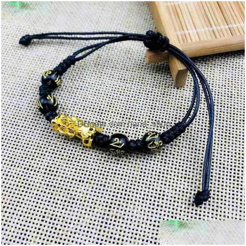 uni obsidian stone chain bracelet rope wristband gold animal wealth health rich good luck beads bracelets for women men