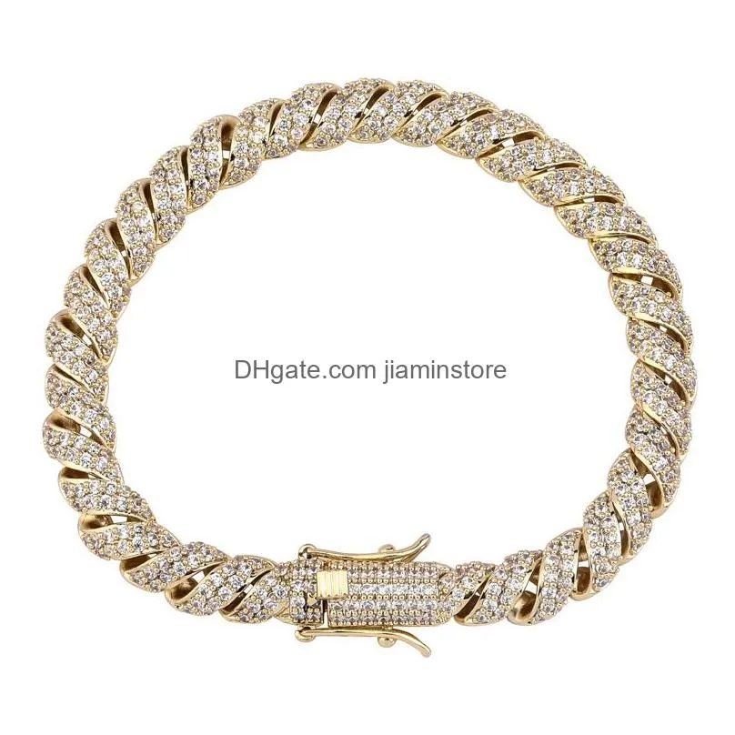 14mm iced out cubic zircon cuban link rope bracelet real plated gold silver color personality hip hop jewelry