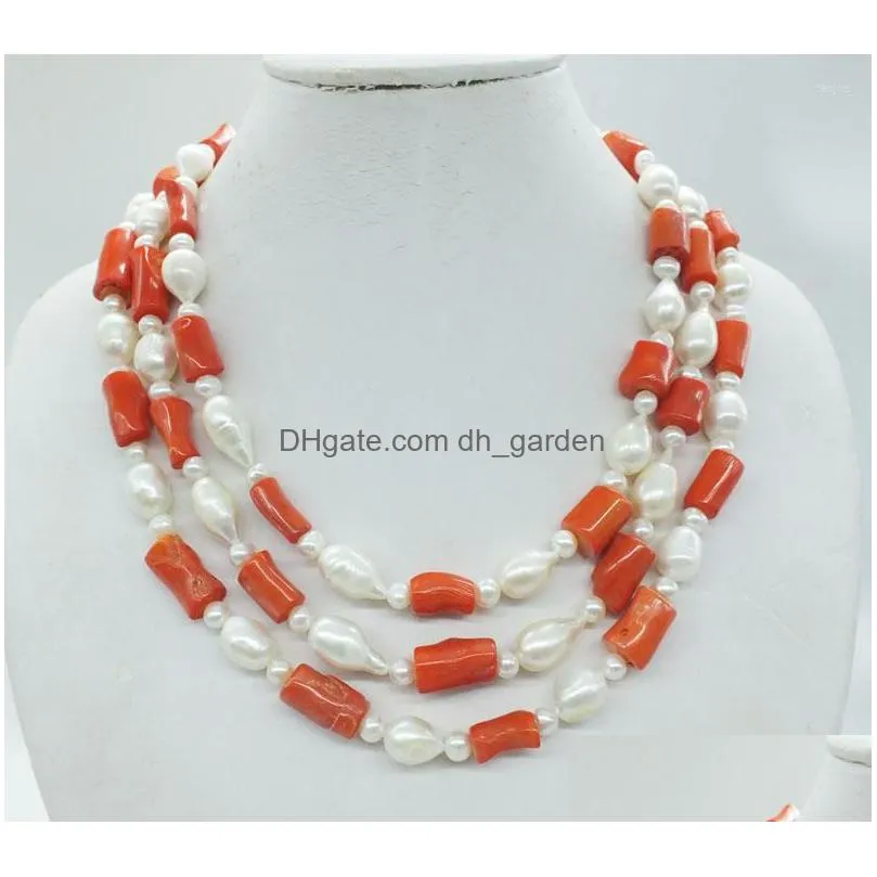 necklace earrings set classic 3 rows natural coral baroque pearls the latest fashion african bride wedding