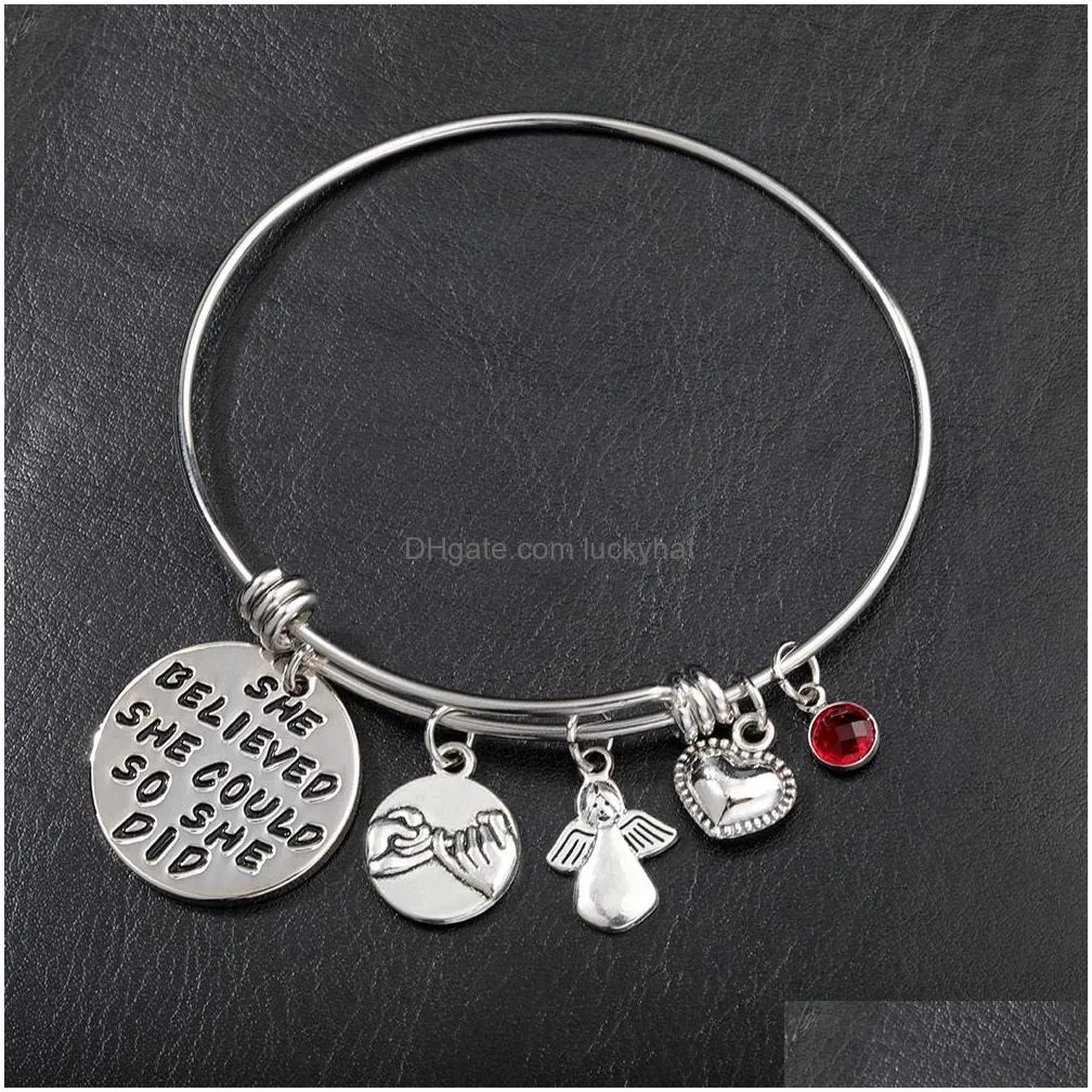 2021 high quality stainless steel bangle heart she believe herself 12 color birthstone charm bracelet for women fashion jewelry gift
