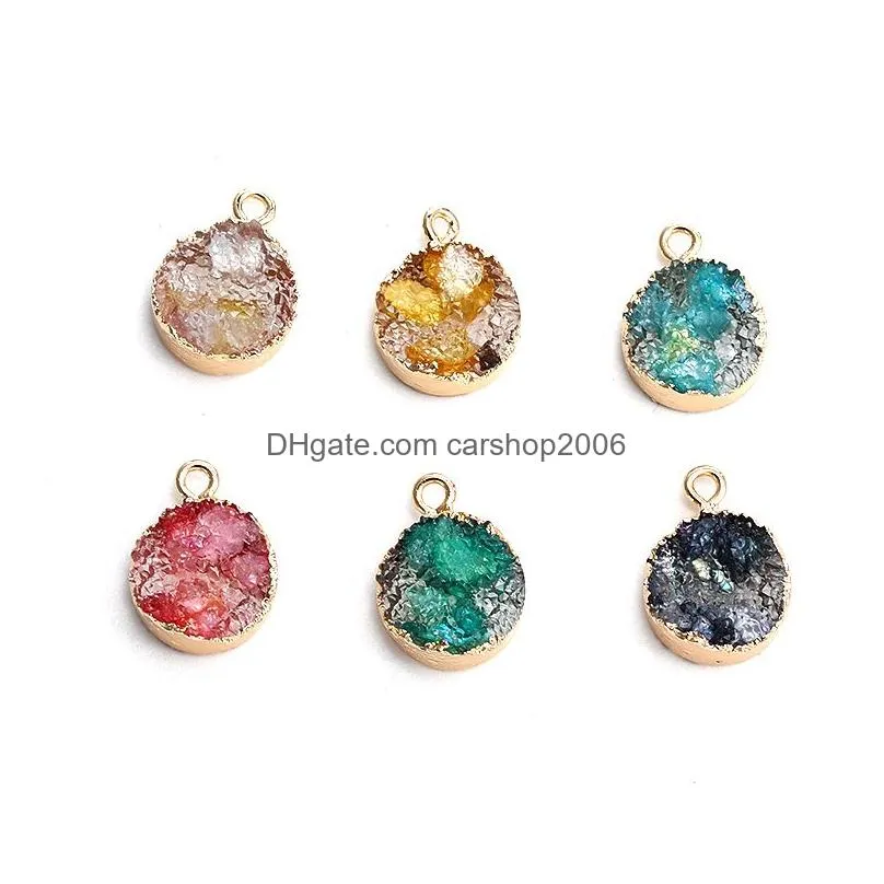 trendy resin druzy round stone pendant charms gemstone with gold plated multi color double side diy bracelet earring necklace jewelry