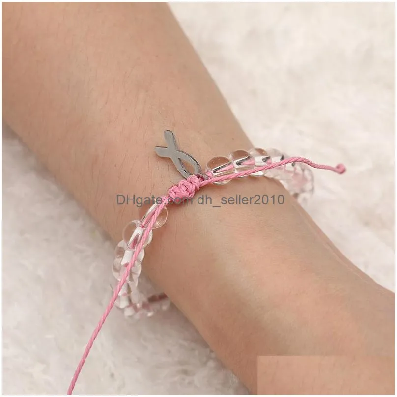 breast cancer strands awareness clear ocean glass beads charm bracelet with make a wish card for women adjustable handmade woven rope bangle