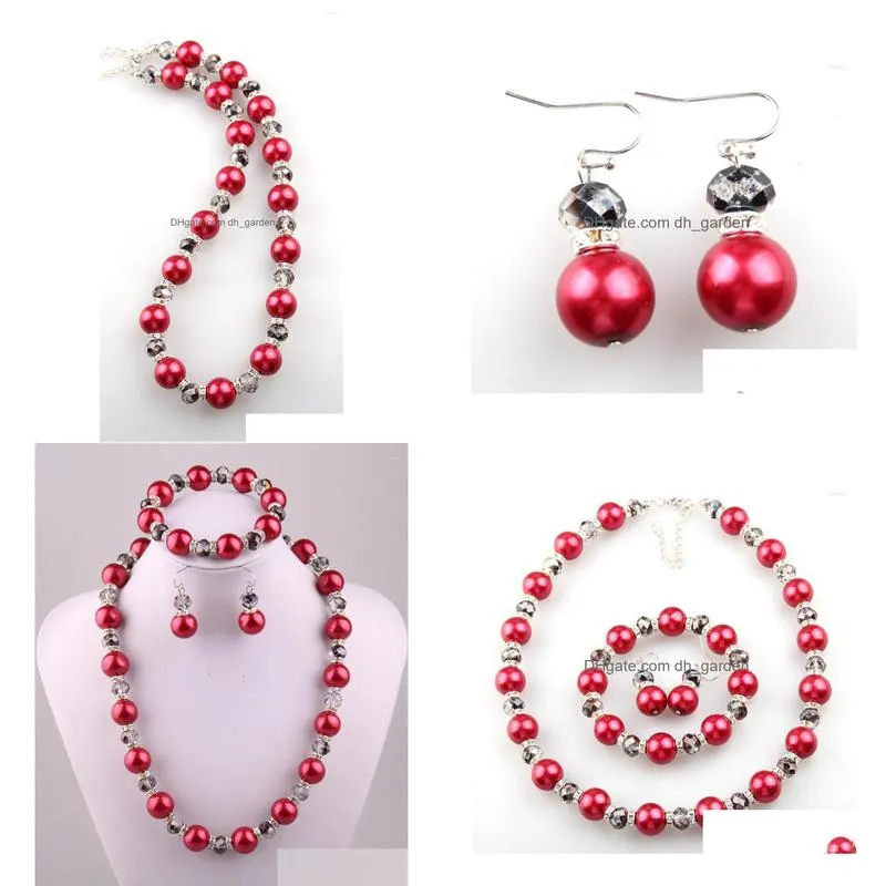 necklace earrings set 14mm red pearl and 10mm grey translucent crystal glass beads bracelet earring jewelry