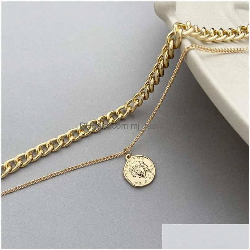 korean fashion one piece goth chain necklace for women hip hop doublelayer coin pendant choker necklaces gold sliver color design jewelry friendship lover gift