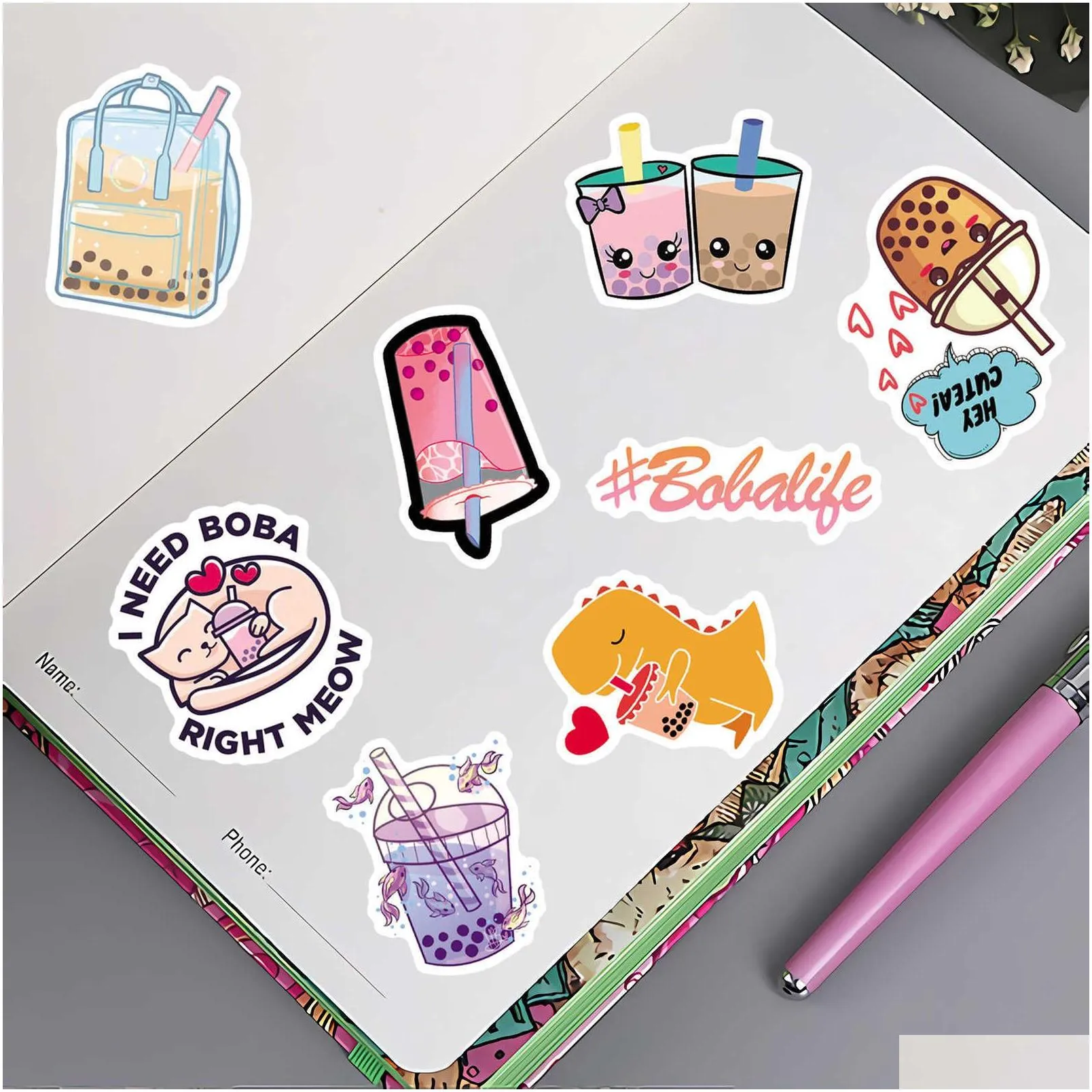 100pcs cute cartoon pearl milk tea stickers pack for girl boba bubble teas decal sticker to diy luggage laptop guitar car