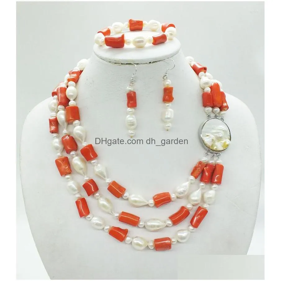 necklace earrings set classic 3 rows natural coral baroque pearls the latest fashion african bride wedding
