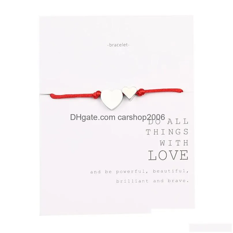 boho double heart charms couple bracelets for women men 6 color rope chain stainless steel love friendship with wish card jewelry gift
