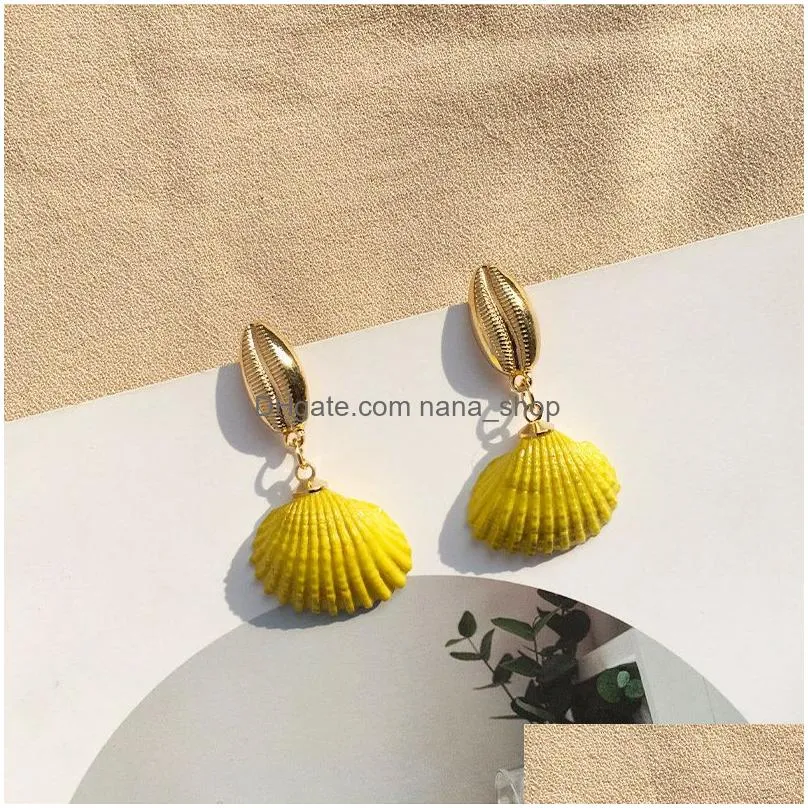 bohemia vintage natural porcelain snail shell dangle earring for women fashion geometric gold alloy conch drop earring