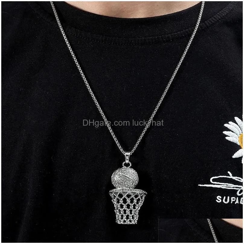 hip hop bling iced out full rhinestone basketball pendant necklace stainless steel sport long necklaces for mens jewelry