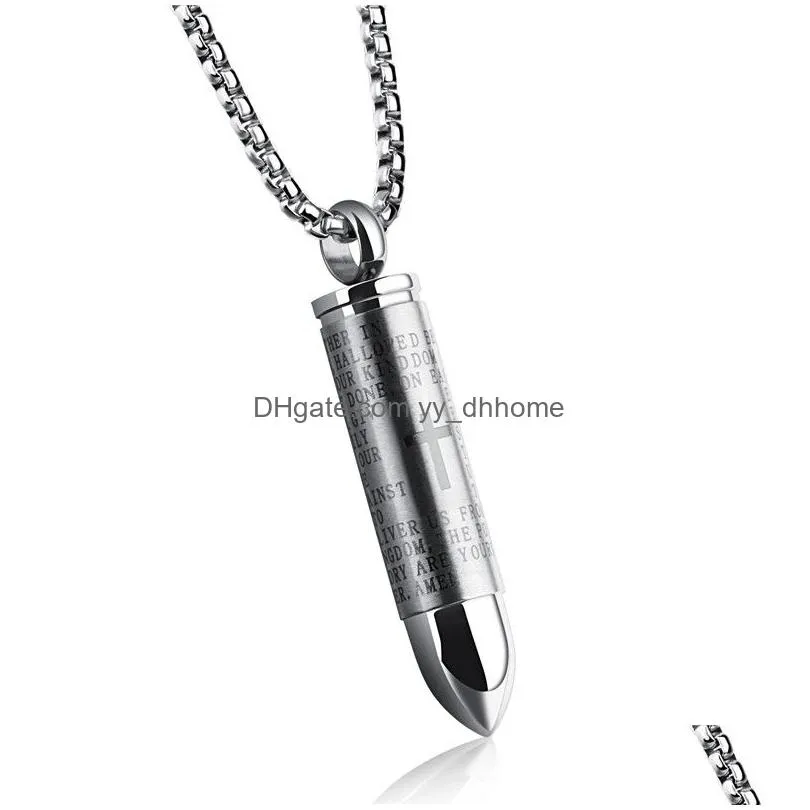creative bullet pendant necklace for men engraved cross lord bible prayer necklace stainless steel necklace cremation ashes gift for