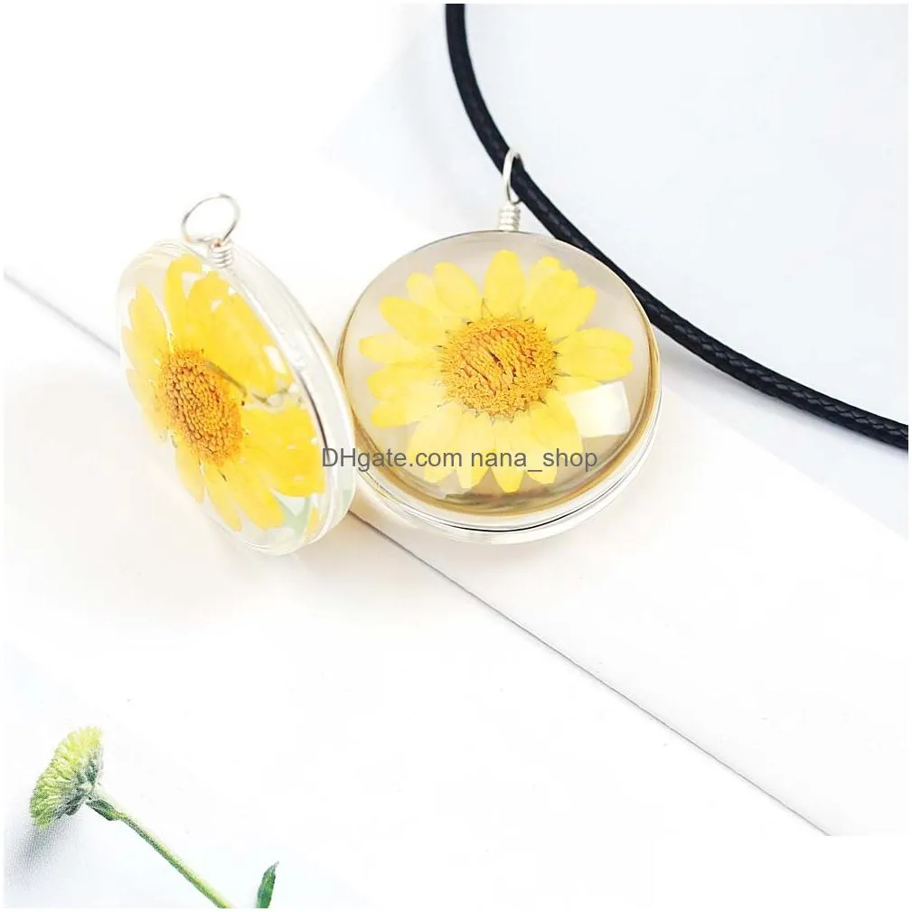 fashion cute sunflower glass dried flower pendant necklace leather rope chain design for women good luck charm jewelry gifts 2021