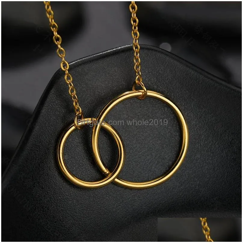 stainless steel two circle pendant necklace for women double rings interlocking circles infinity linked chain necklaces friendship