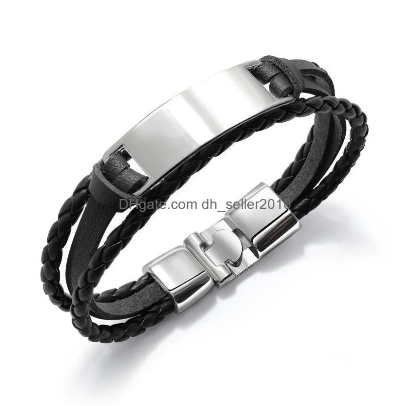 high quality stainless steel engraved bracelets stackable layered bracelet leather genuine braided black bracelet for mens hand