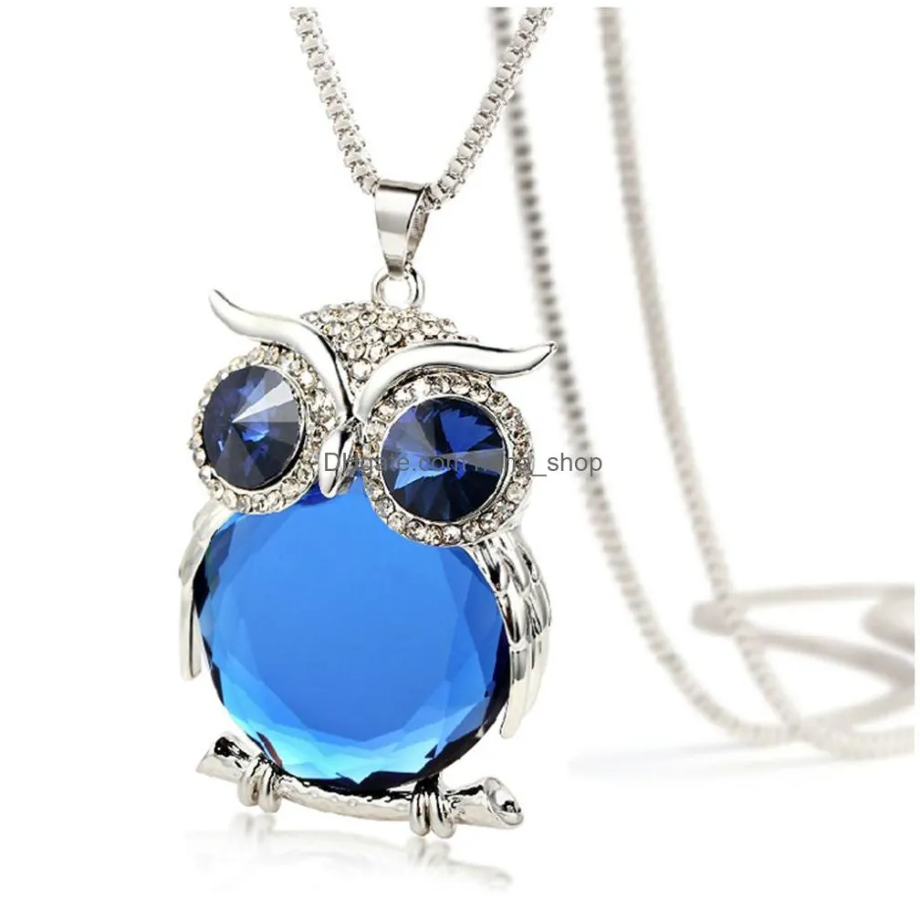 vintage charm owl pendant necklace women rhinestone crystal long sweater chain choker necklaces explosive jewelry for clothing