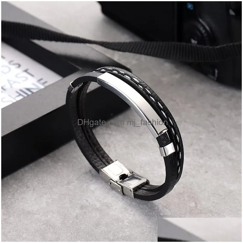 multi layer leather bracelets for men women customizable engraving stainless steel casual personalized bangle jewelry classic gift