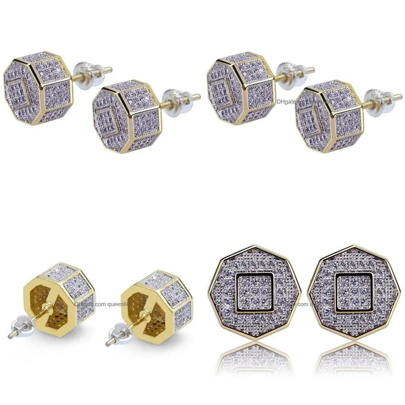 mens earrings hip hop iced out diamond square gold bling rapper stud earring