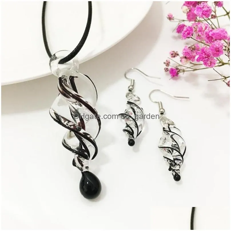 necklace earrings set black spiral whirlwind glass murora lampwork transparent pendant earring for women jewelry gift chinese style
