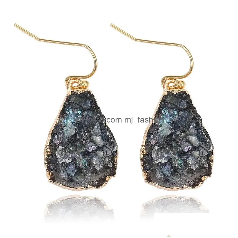new arrival colorful resin druzy natural stone waterdrop dangle earring for women girls gold plated copper hook earring fashion jewelry