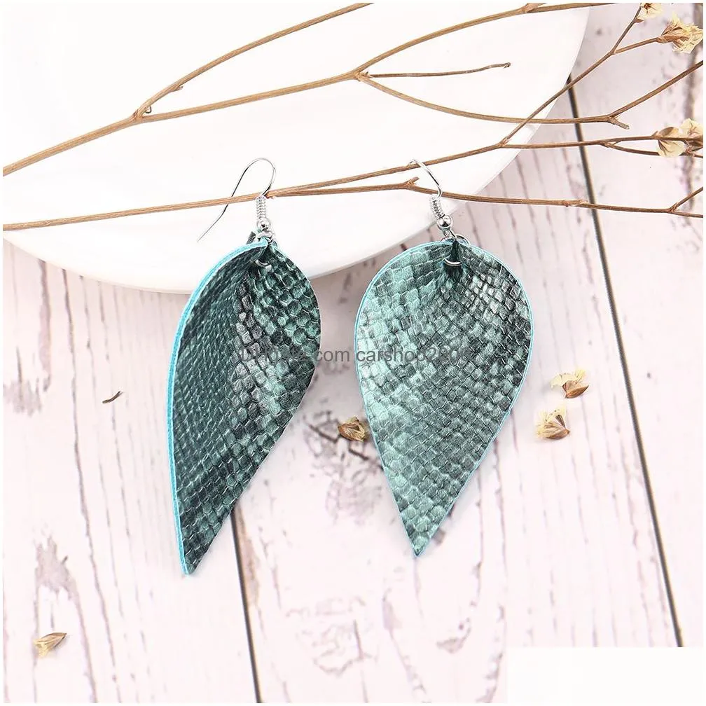  est snake skin pu leather earrings light weight leaf petal dangle ear jewelry for ladies girls boho double side hook earring gifts