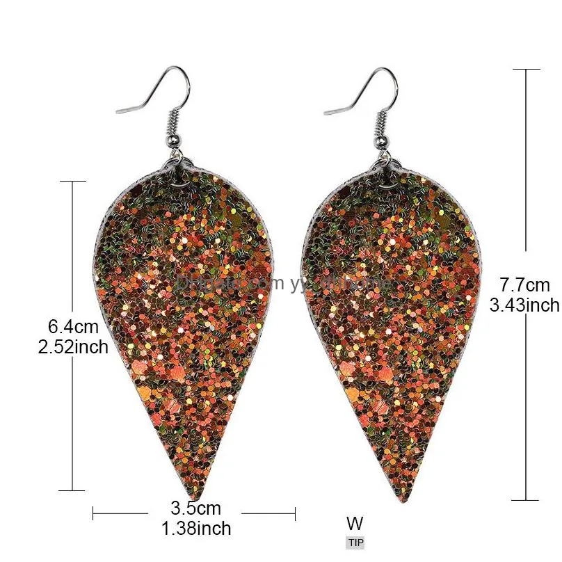  arrival fashion christmas pu leather leaf glitter dangle earring for women 6 colors sequin bling silver plating hook statement