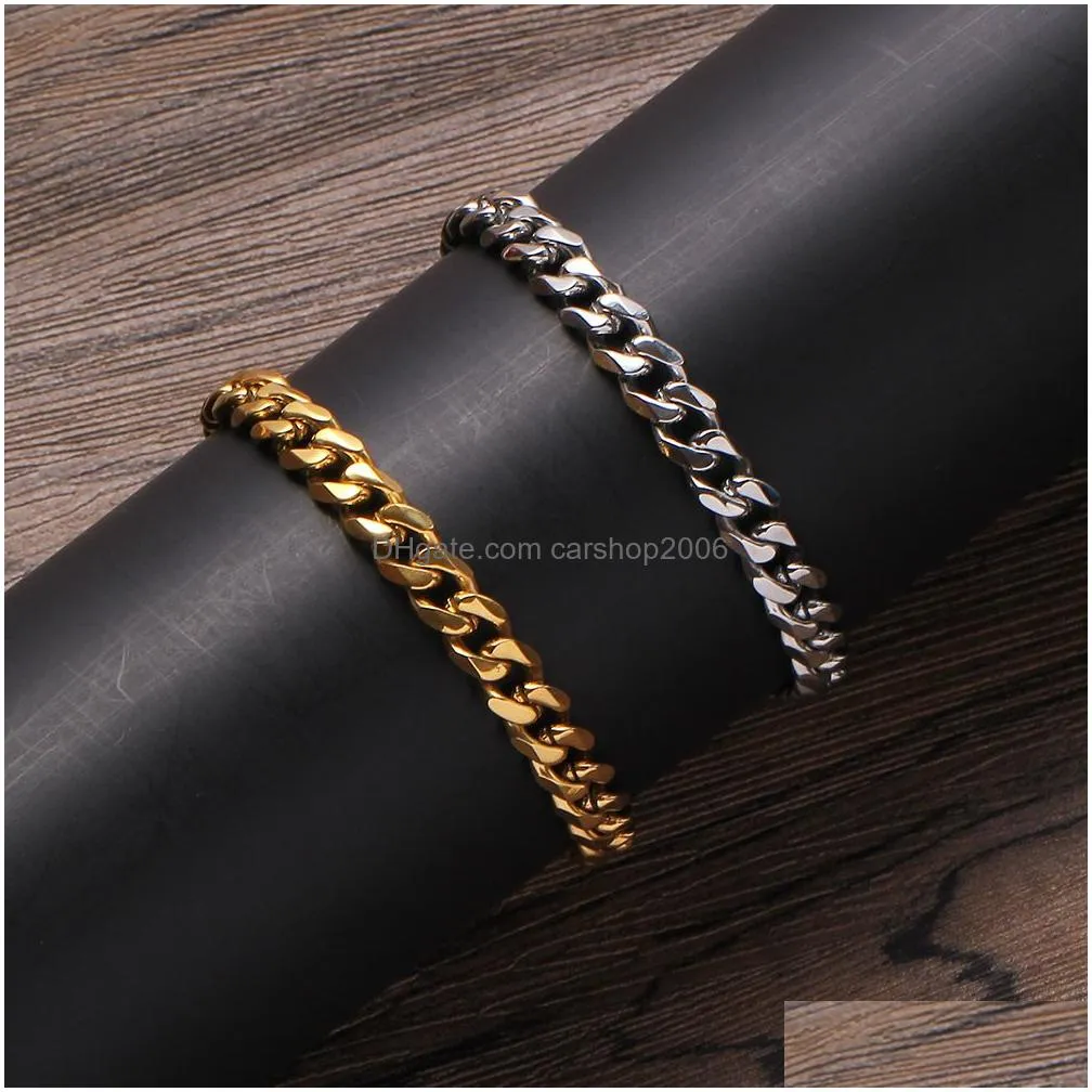 mens 18k gold plated stainless steel bracelets high polished sixsided grind  cuban link chain lobster buckle bracelet