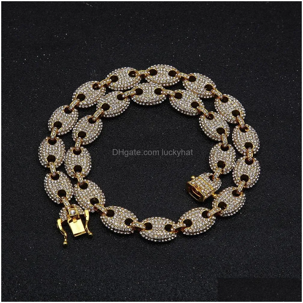 alloy rhinestone hip hop necklace iced out cz coffee bean pig nose charm link choker chain bling jewelry necklaces or bracelets for