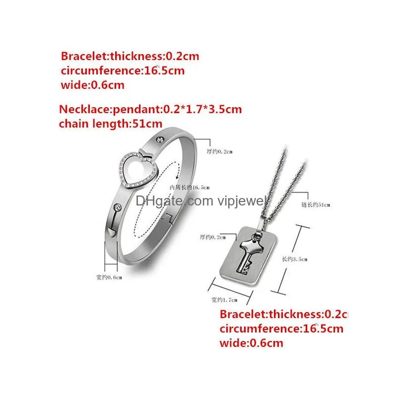 fashion love lock jewelry sets creative stainless steel key pendant necklace lock heart bracelet charm couple jewelry