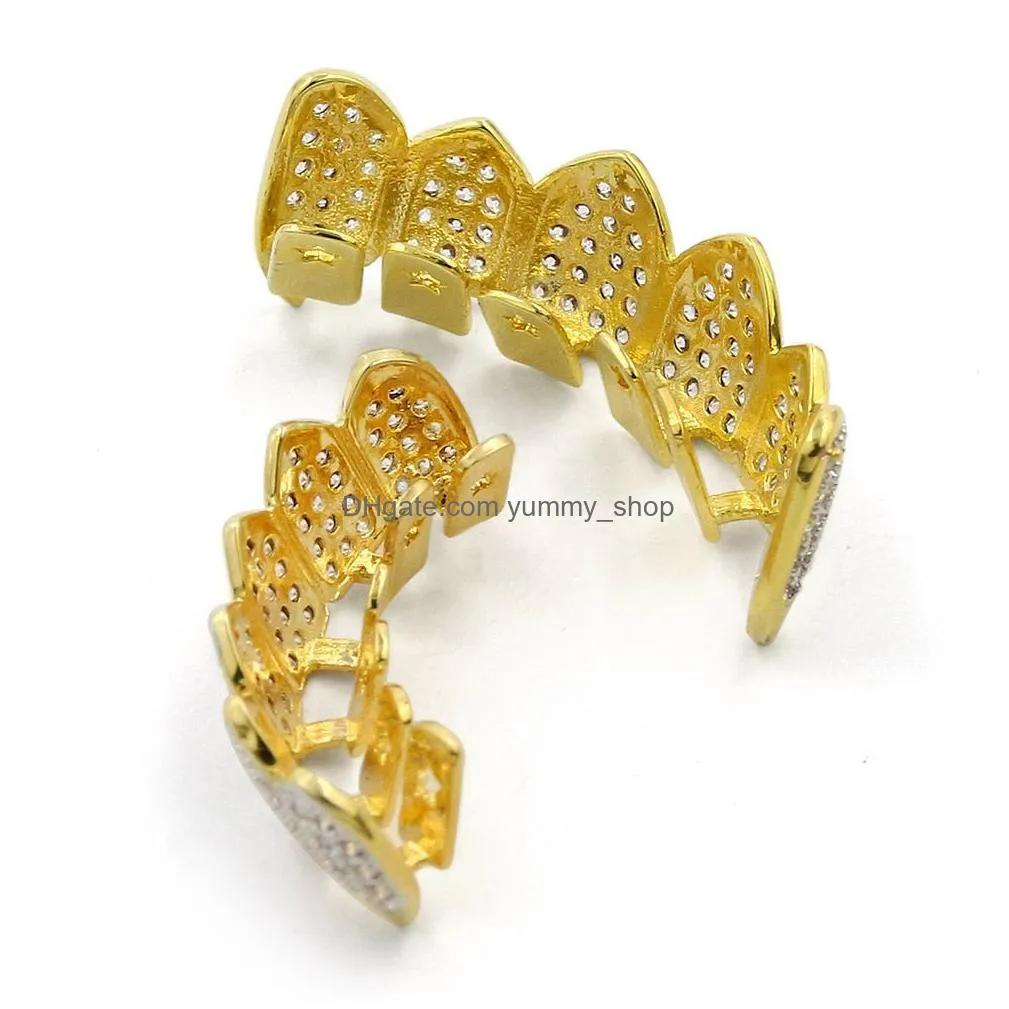 hip hop iced out cz gold teeth grillz caps top and bottom diamond tooth grillzs set for men women gift grills